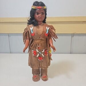 Native American Doll Girl Beaded Carlson Fringed Suede Beaded Plastic Poseable
